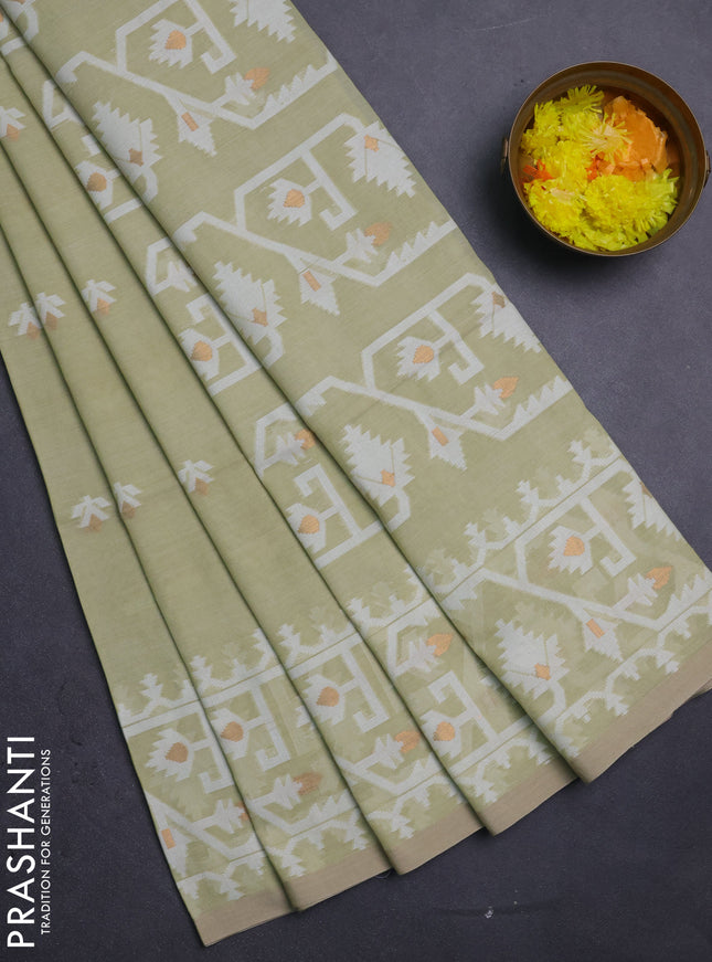 Bengal soft cotton saree mild pista green and sandal with thread & zari woven buttas and thread woven border
