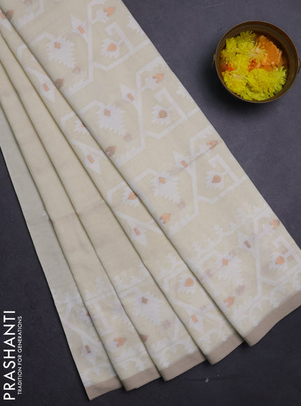 Bengal soft cotton saree cream and sandal with thread & zari woven buttas and thread woven border