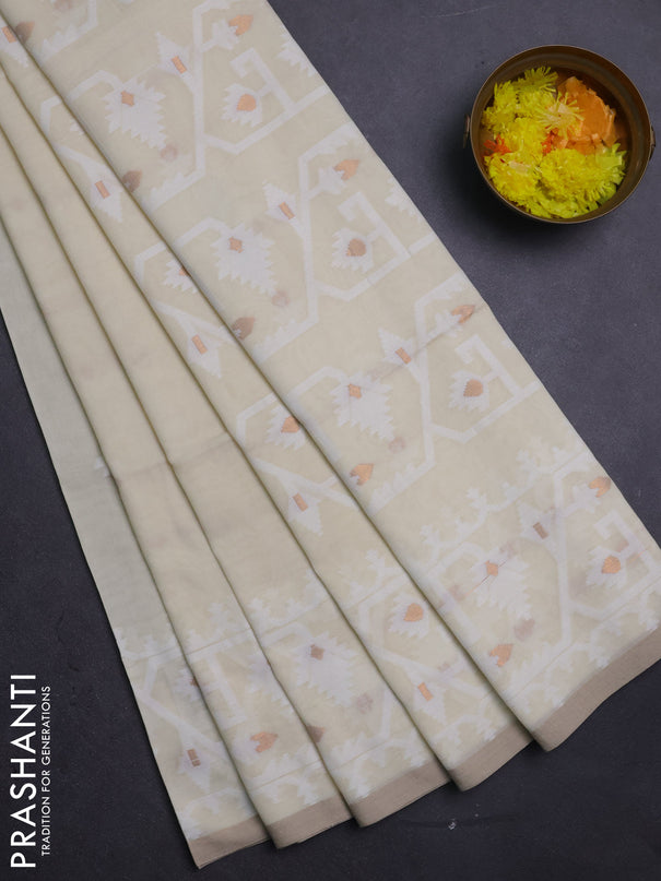 Bengal soft cotton saree cream and sandal with thread & zari woven buttas and thread woven border