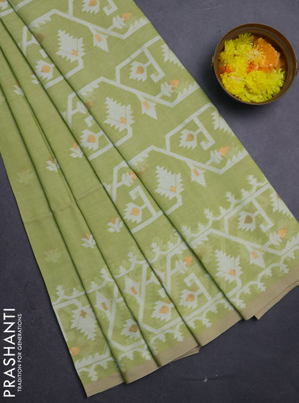 Bengal soft cotton saree pista green and sandal with thread & zari woven buttas and thread woven border