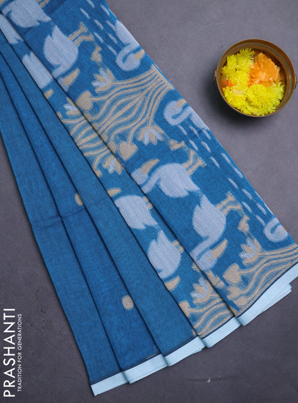 Bengal soft cotton saree teal blue and off white with thread woven buttas and piping border