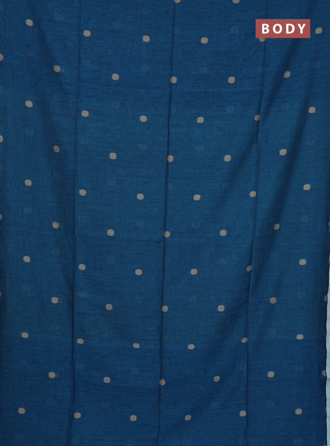 Bengal soft cotton saree teal blue and off white with thread woven buttas and piping border