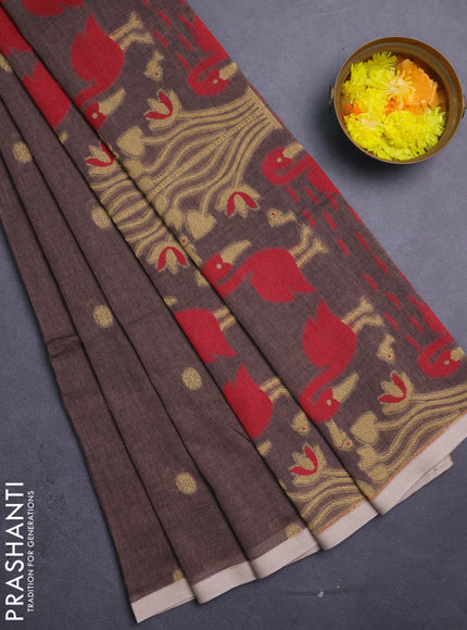 Bengal soft cotton saree brown and beige with thread woven buttas and piping border