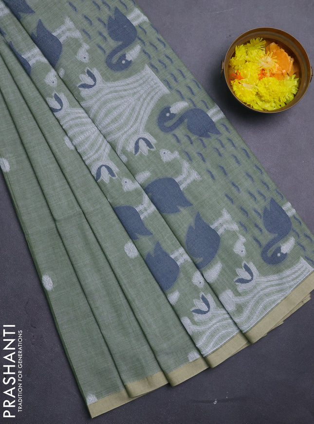 Bengal soft cotton saree pastel green and beige with thread woven buttas and piping border