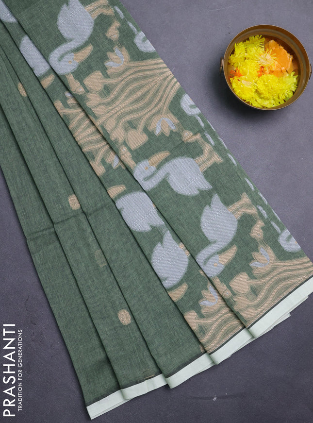 Bengal soft cotton saree green and off white with thread woven buttas and piping border