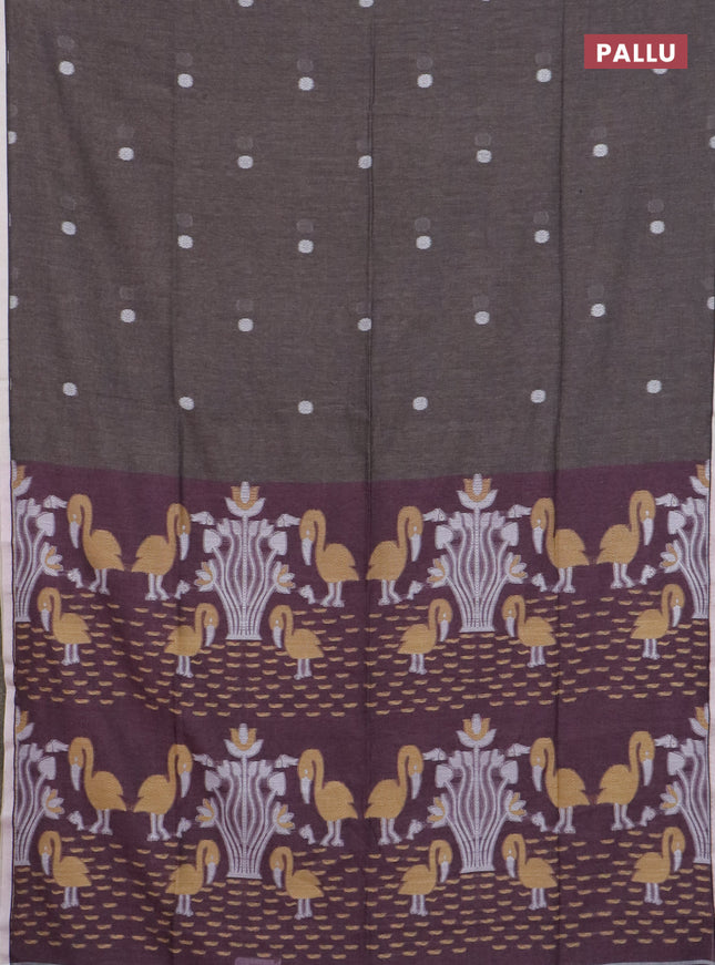 Bengal soft cotton saree grey and wine shade with thread woven buttas and piping border