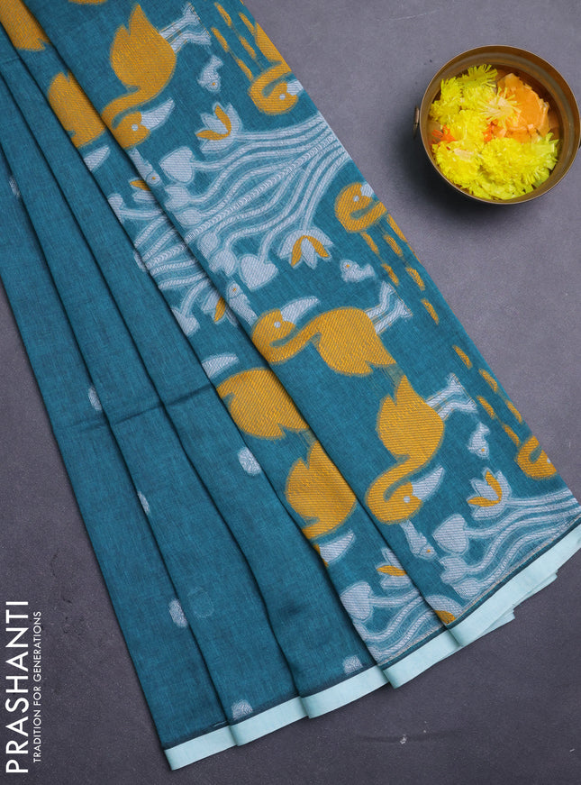 Bengal soft cotton saree teal green and off white with thread woven buttas and piping border