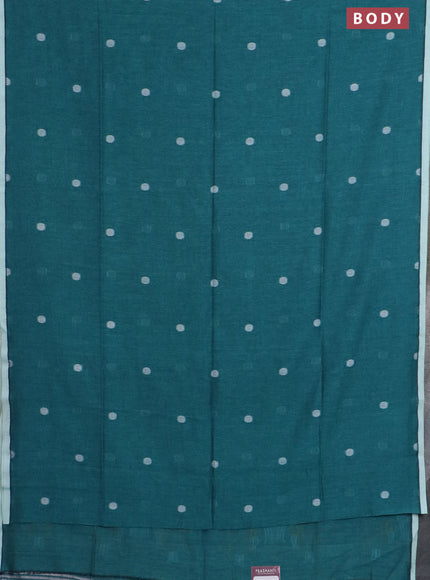Bengal soft cotton saree teal green and off white with thread woven buttas and piping border