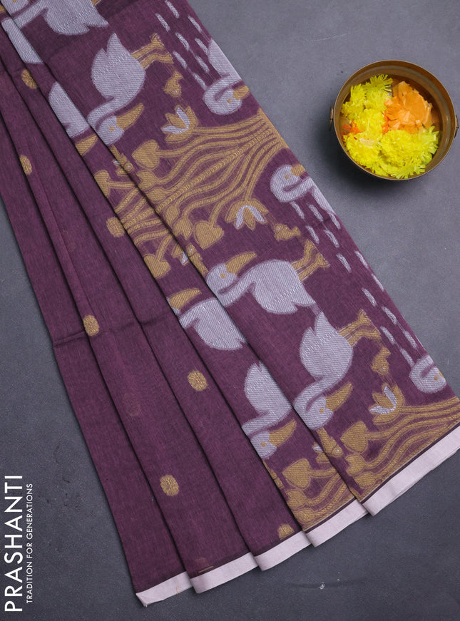 Bengal soft cotton saree wine shade and off white with thread woven buttas and piping border