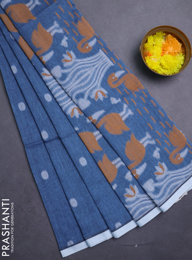 Bengal soft cotton saree bluish grey and off white with thread woven buttas and piping border