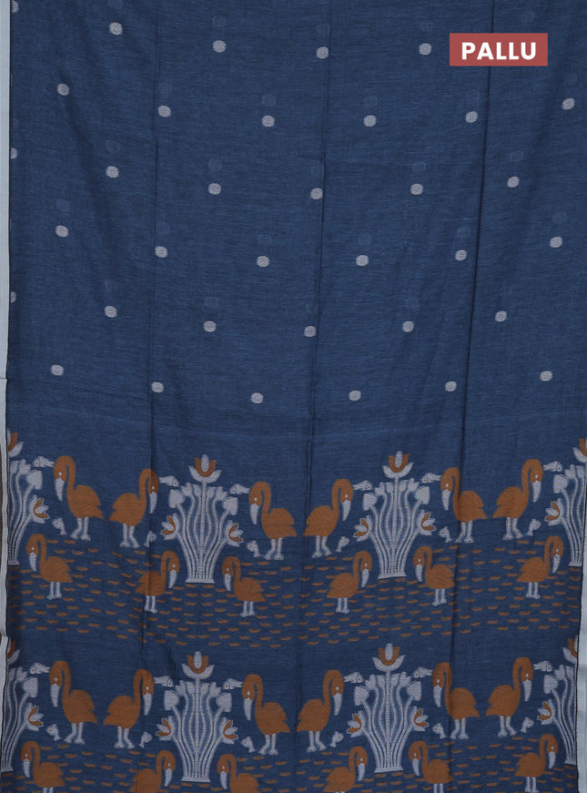 Bengal soft cotton saree bluish grey and off white with thread woven buttas and piping border