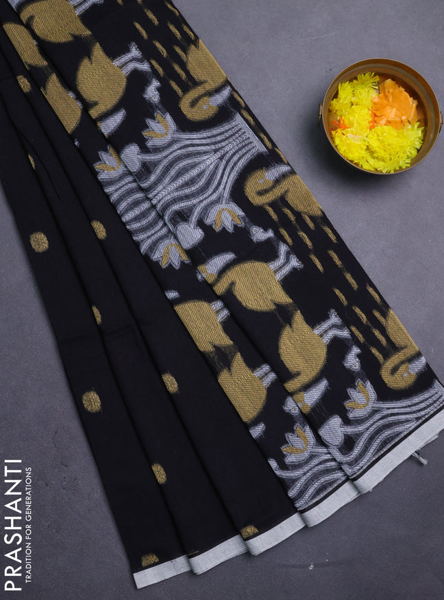 Bengal soft cotton saree black and off white with thread woven buttas and piping border