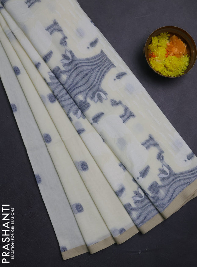 Bengal soft cotton saree cream with thread woven buttas and piping border