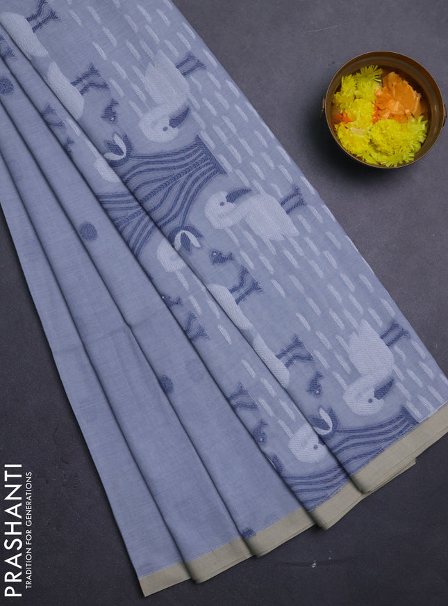 Bengal soft cotton saree grey shade and beige with thread woven buttas and piping border