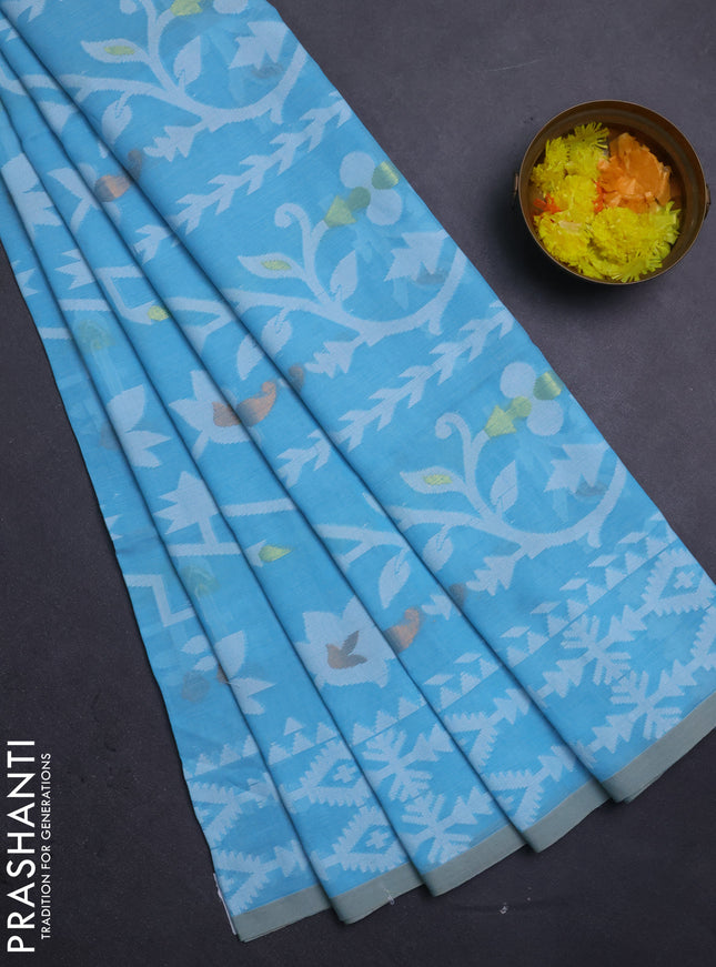 Bengal soft cotton saree light blue with allover thread weaves and thread woven border
