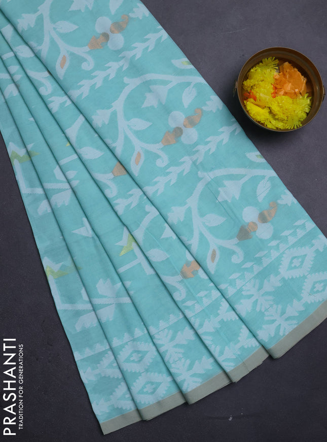 Bengal soft cotton saree teal green with allover thread weaves and thread woven border