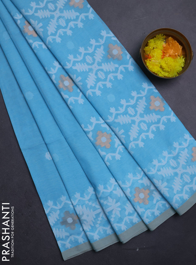 Bengal soft cotton saree teal blue and beige with thread woven buttas and thread woven border