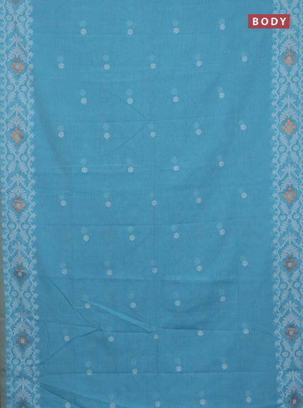 Bengal soft cotton saree teal blue and beige with thread woven buttas and thread woven border