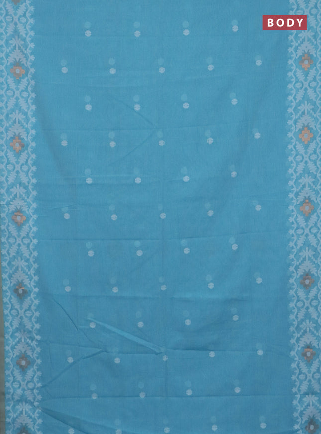 Bengal soft cotton saree teal blue and beige with thread woven buttas and thread woven border
