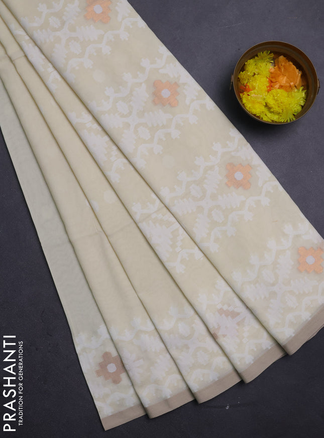 Bengal soft cotton saree cream with thread woven buttas and thread woven border