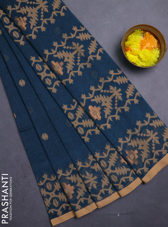 Bengal soft cotton saree peacock green and sandal with thread woven buttas and thread woven border