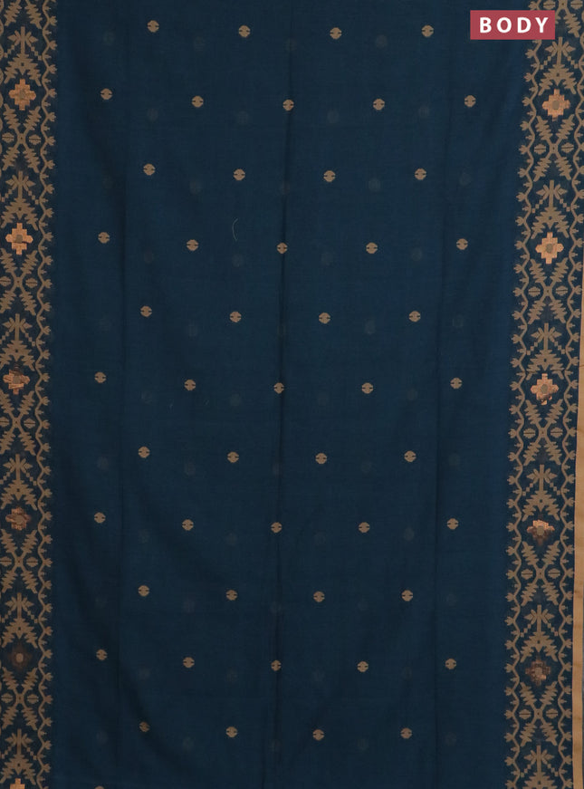 Bengal soft cotton saree peacock green and sandal with thread woven buttas and thread woven border