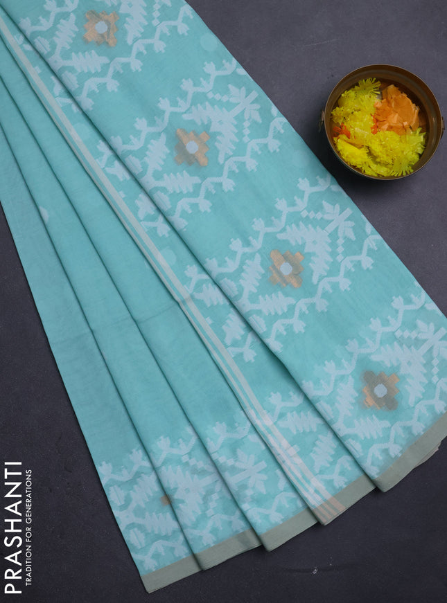 Bengal soft cotton saree teal green and beige with thread woven buttas and thread woven border