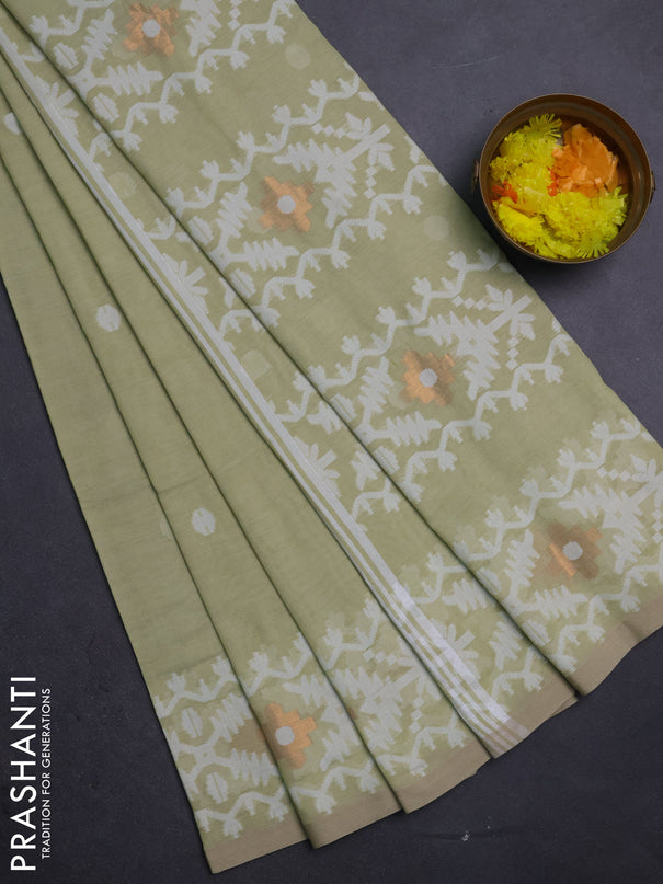 Bengal soft cotton saree pista green with thread woven buttas and thread woven border