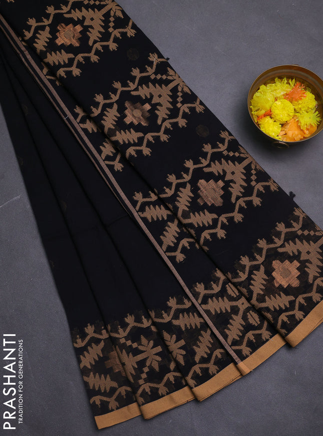 Bengal soft cotton saree black and sandal with thread woven buttas and thread woven border