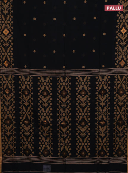 Bengal soft cotton saree black and sandal with thread woven buttas and thread woven border