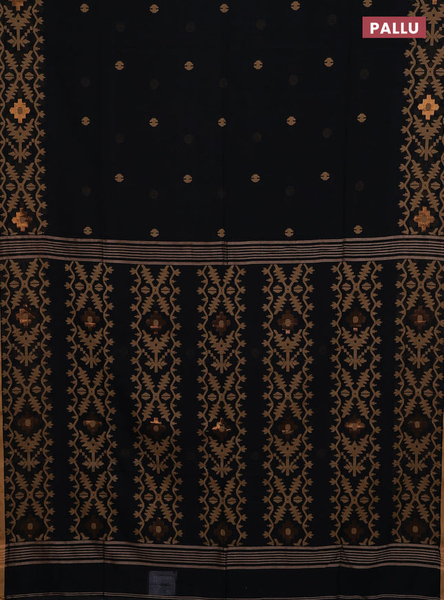 Bengal soft cotton saree black and sandal with thread woven buttas and thread woven border