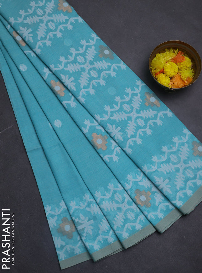 Bengal soft cotton saree teal blue with thread woven buttas and thread woven border