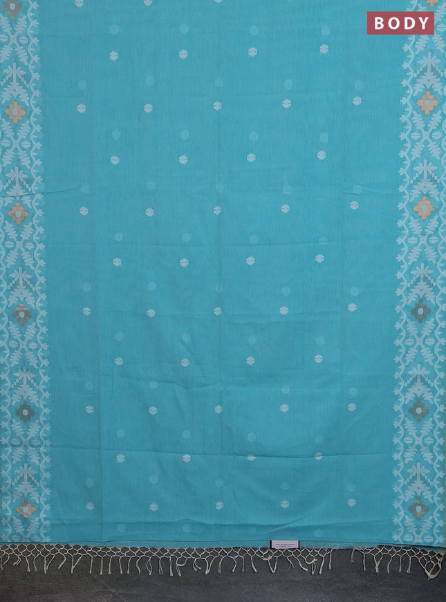 Bengal soft cotton saree teal blue with thread woven buttas and thread woven border