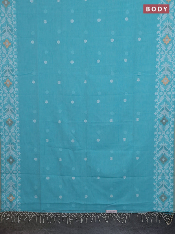 Bengal soft cotton saree teal blue with thread woven buttas and thread woven border
