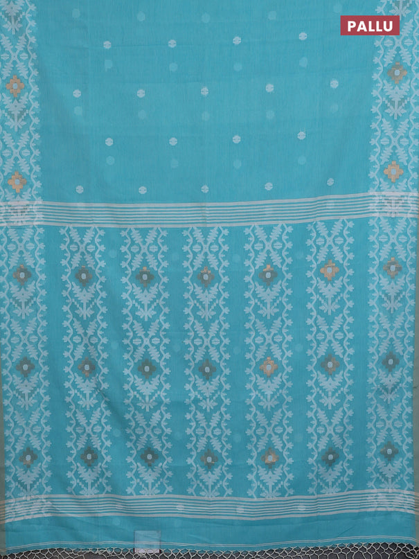 Bengal soft cotton saree teal blue with thread woven buttas and thread woven border