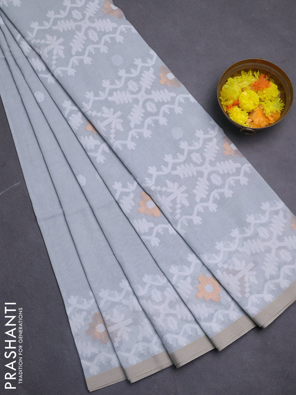 Bengal soft cotton saree grey with thread woven buttas and thread woven border