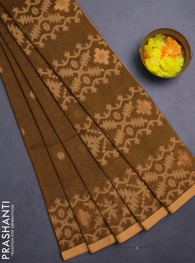 Bengal soft cotton saree dark mustard and sandal with thread woven buttas and thread woven border