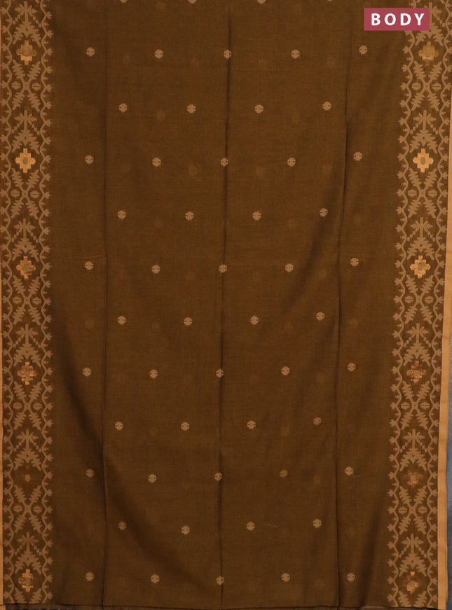 Bengal soft cotton saree dark mustard and sandal with thread woven buttas and thread woven border