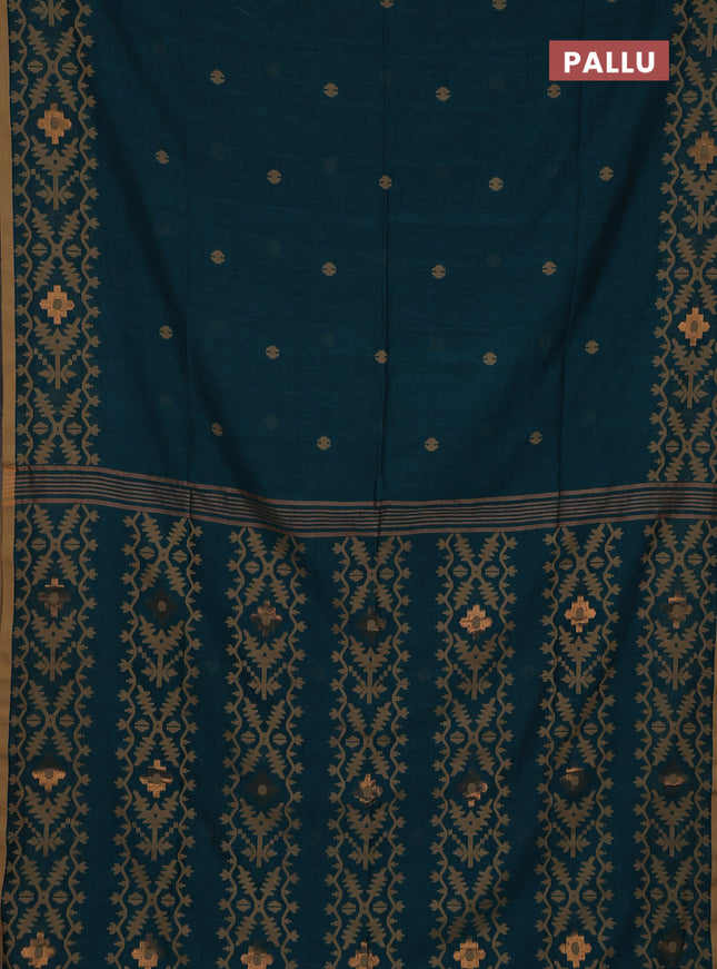 Bengal soft cotton saree peacock green and sandal with thread woven buttas and thread woven border