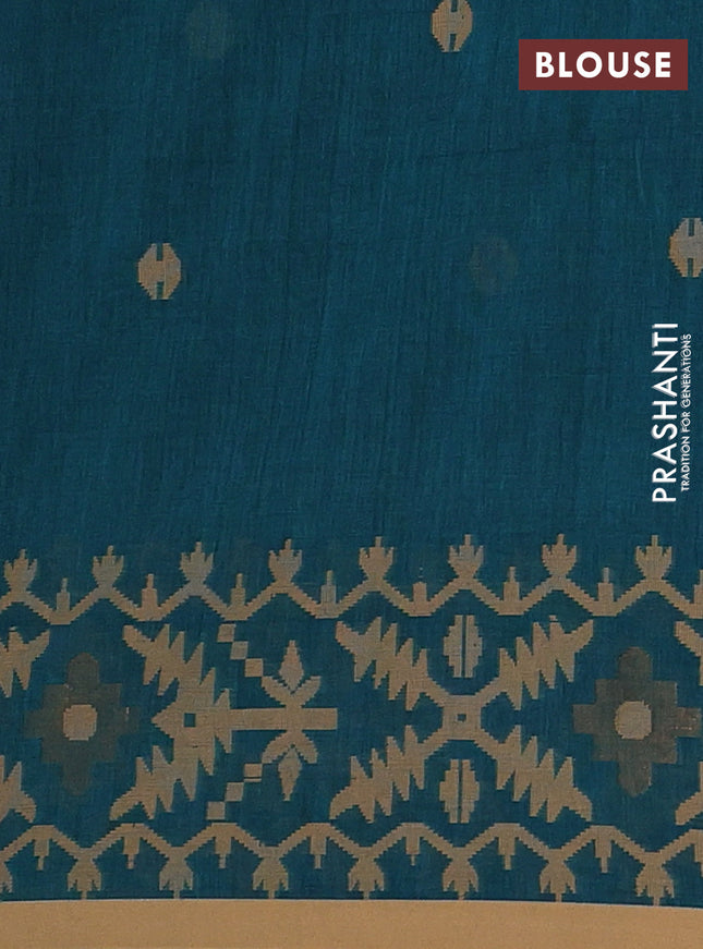 Bengal soft cotton saree peacock green and sandal with thread woven buttas and thread woven border