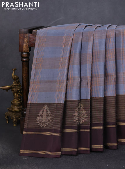 Pure soft silk saree grey and deep wine shade with allover thread woven checked pattern and rettapet zari woven border