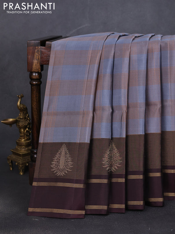 Pure soft silk saree grey and deep wine shade with allover thread woven checked pattern and rettapet zari woven border