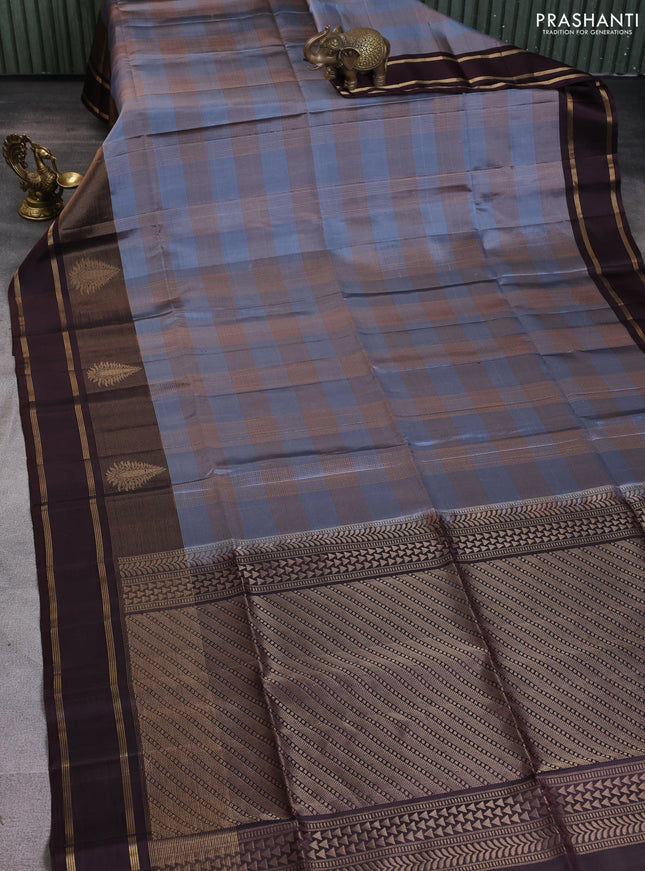 Pure soft silk saree grey and deep wine shade with allover thread woven checked pattern and rettapet zari woven border