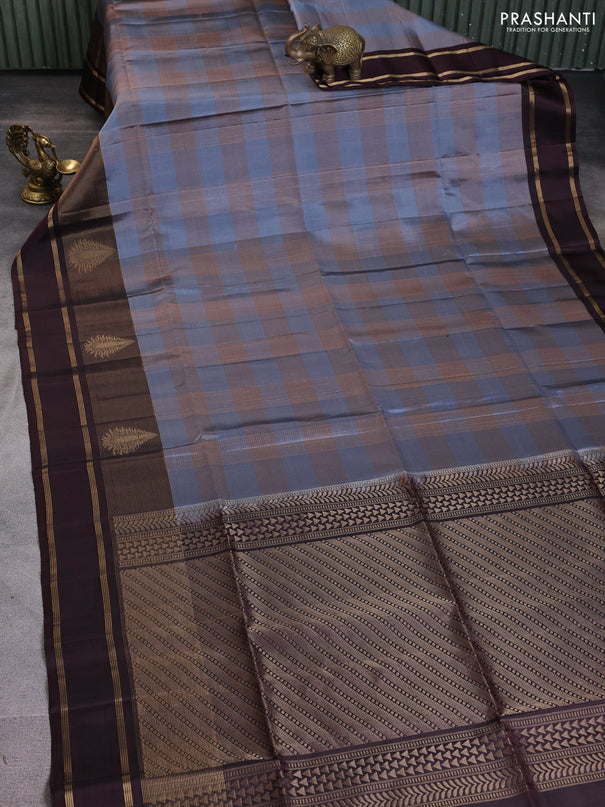 Pure soft silk saree grey and deep wine shade with allover thread woven checked pattern and rettapet zari woven border