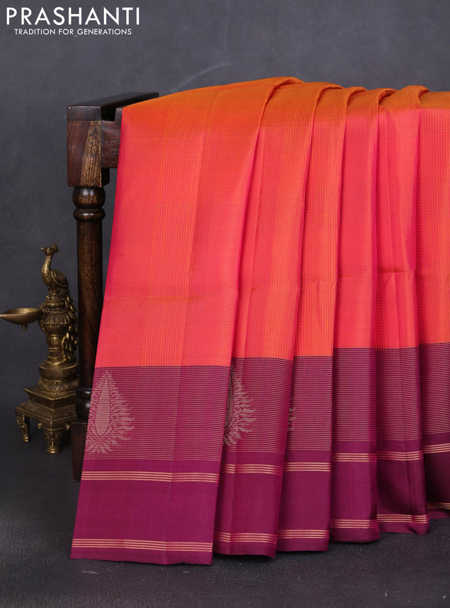 Pure soft silk saree dual shade of pinkish orange and deep wine shade with allover thread woven checked pattern and rettapet zari woven border