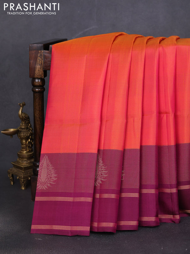 Pure soft silk saree dual shade of pinkish orange and deep wine shade with allover thread woven checked pattern and rettapet zari woven border
