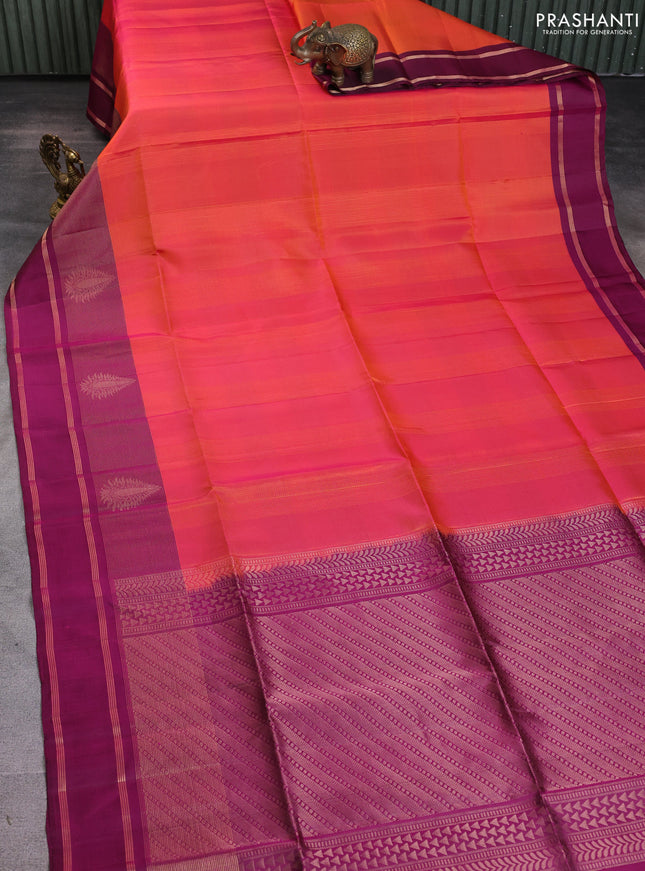 Pure soft silk saree dual shade of pinkish orange and deep wine shade with allover thread woven checked pattern and rettapet zari woven border