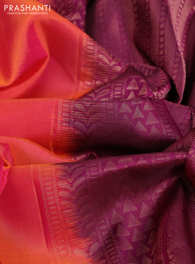 Pure soft silk saree dual shade of pinkish orange and deep wine shade with allover thread woven checked pattern and rettapet zari woven border