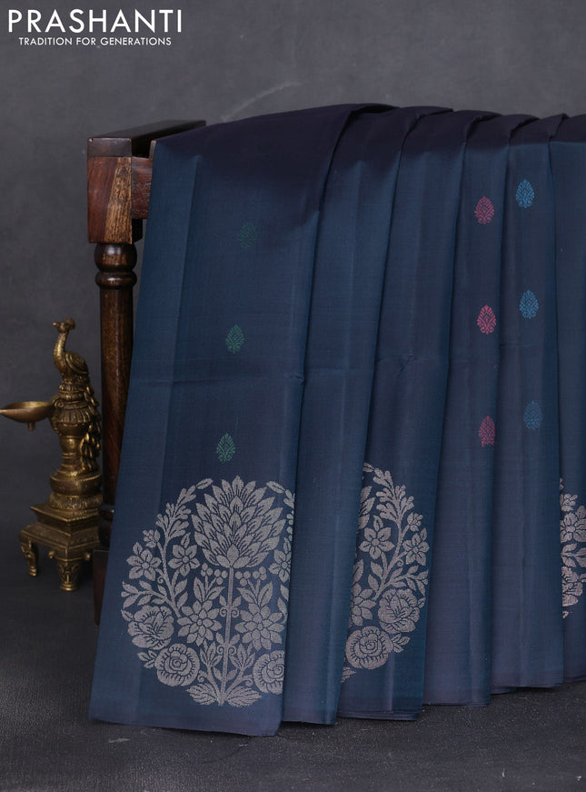 Pure soft silk saree dark peacock blue with zari woven buttas and long zari woven butta border