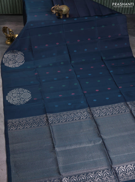 Pure soft silk saree dark peacock blue with zari woven buttas and long zari woven butta border